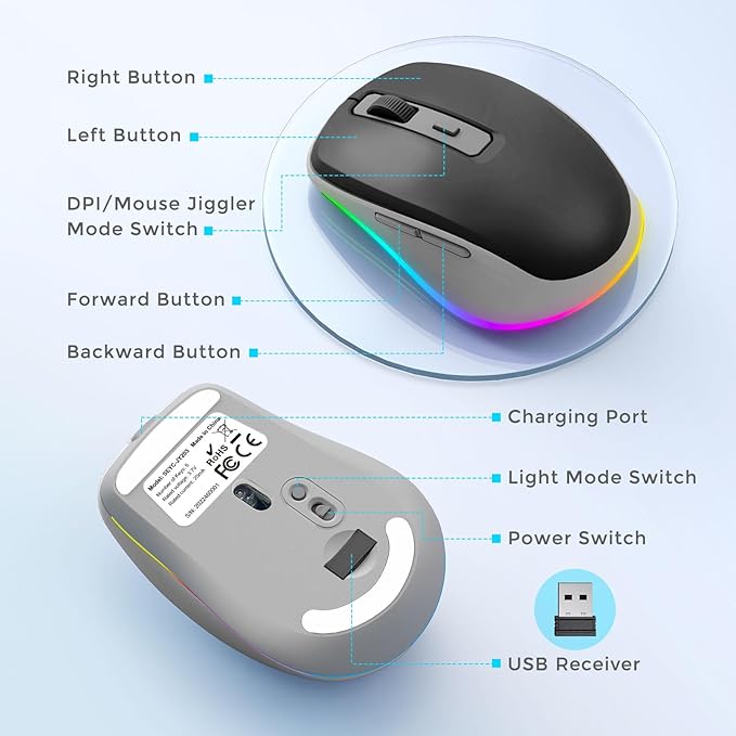 PEIOUS Wireless Mouse Jiggler - LED Wireless Mice with Build-in Mouse Mover, Rechargeable Moving Mouse for Laptop with Undetectable Random Movement Keeps Computers Awake - Black & Grey