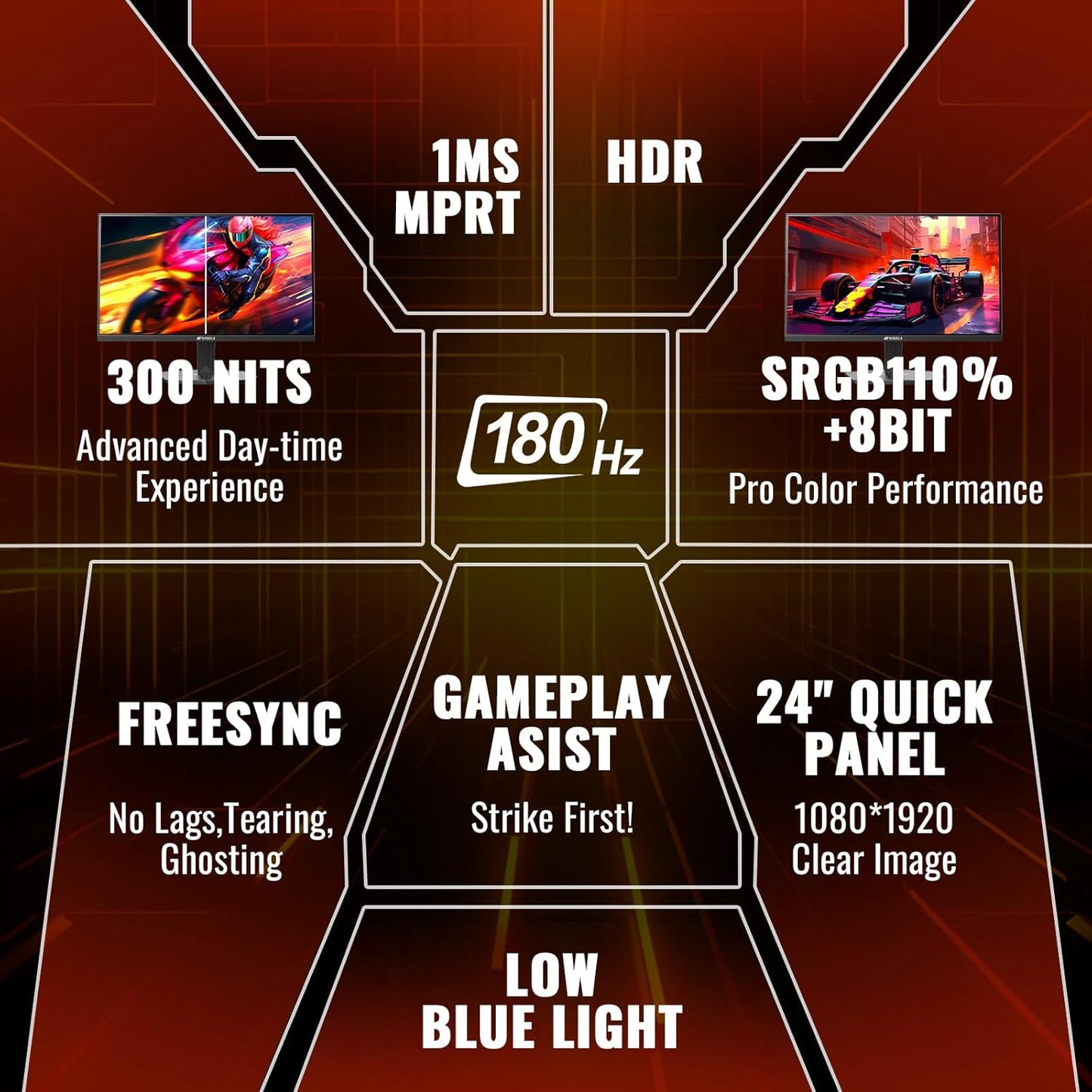 SANSUI 24 Inch Gaming Monitor 180Hz 1Ms FreeSync HDR 110% sRGB FHD 1080P Computer Monitor HDMI DP Ports Eye Care Frameless VESA Mount Cable Management (ES-G24F4L, HDMI Cable Included)