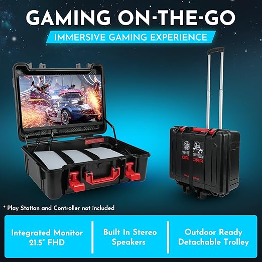 ARMORR GAMERSBOX Portable Gaming Monitor - 21.5" FHD IPS Display (max. 75Hz, FreeSync), Tough IP65 Hard Shell Case, Compatible with PS4/PS5 Xbox, HDMI Cable, Wheeled Trolley & VESA Stand