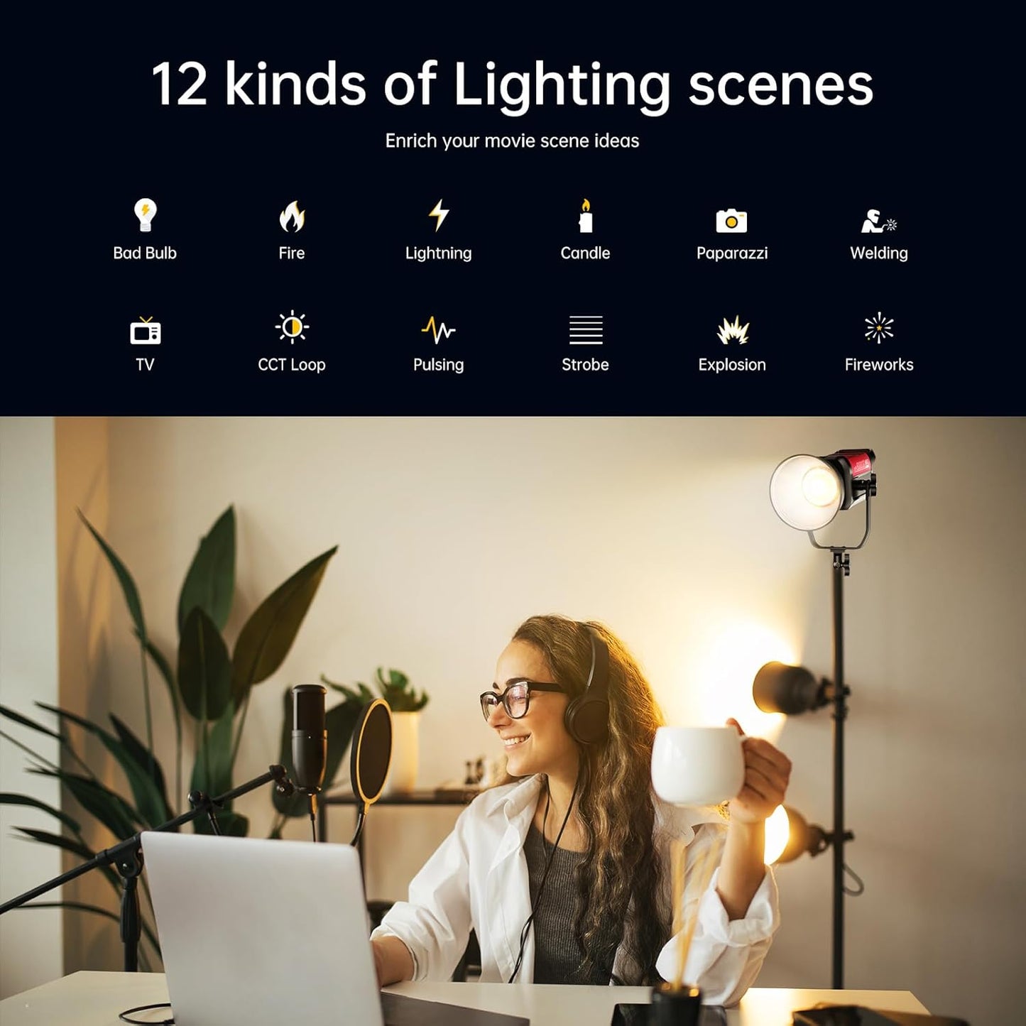 GVM LED Video Light Studio, 200W Studio Light Continuous Lighting Kit for Bluetooth Mesh Network/DMX Control, 45400lux/1m Photography Lighting Kit with Video Recording,12 Lighting Effects
