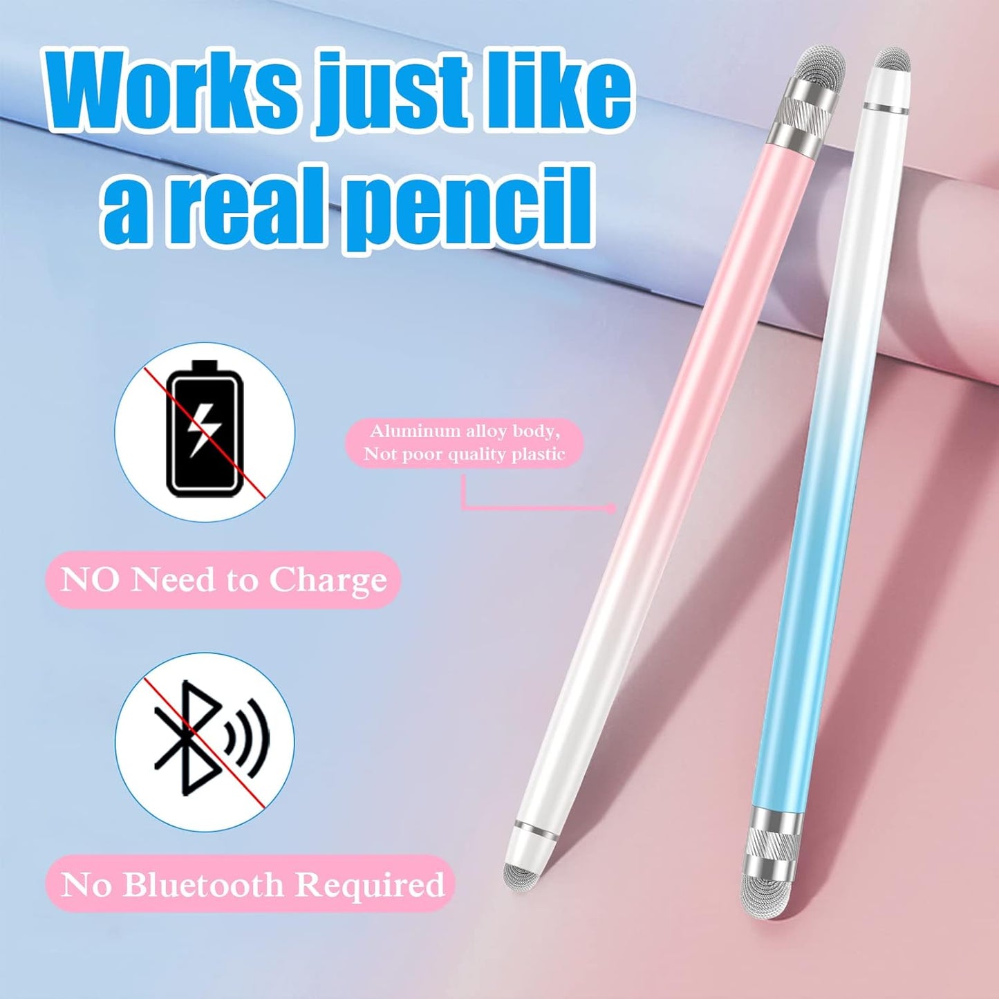 2PCS Stylus Pens for Touch Screens, Stylus Pen for iPhone/iPad/Tablet Android/Microsoft Surface, Compatible with All Touch Screens(White Pink/White Blue)