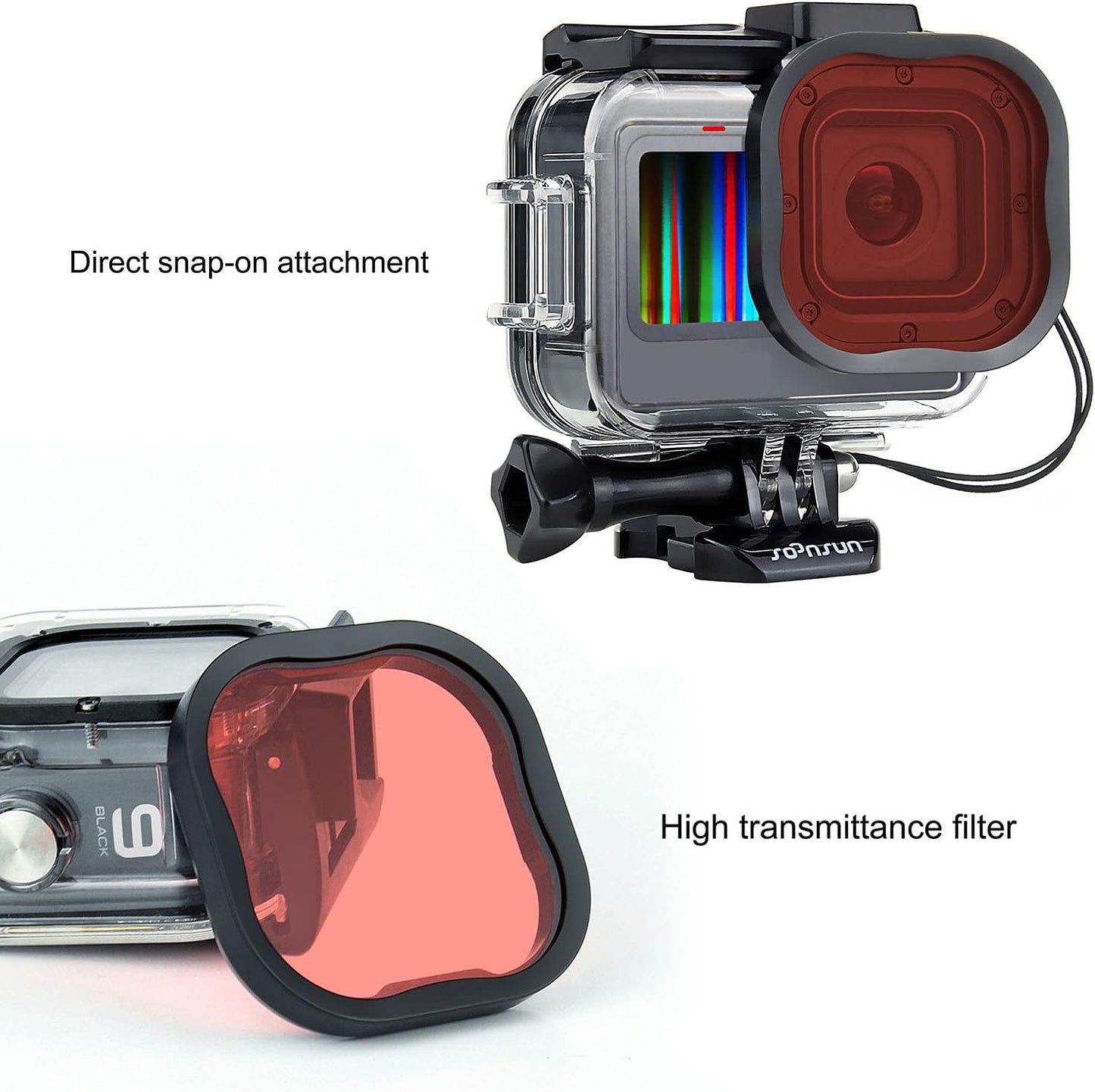 SOONSUN Waterproof Case with Dive Filters for GoPro Hero 13/12 / 11/10 / 9 Black, 196 Feet Underwater Protective Dive Housing Case with Red, Light Red, Magenta, 5X Close-up Macro Filters