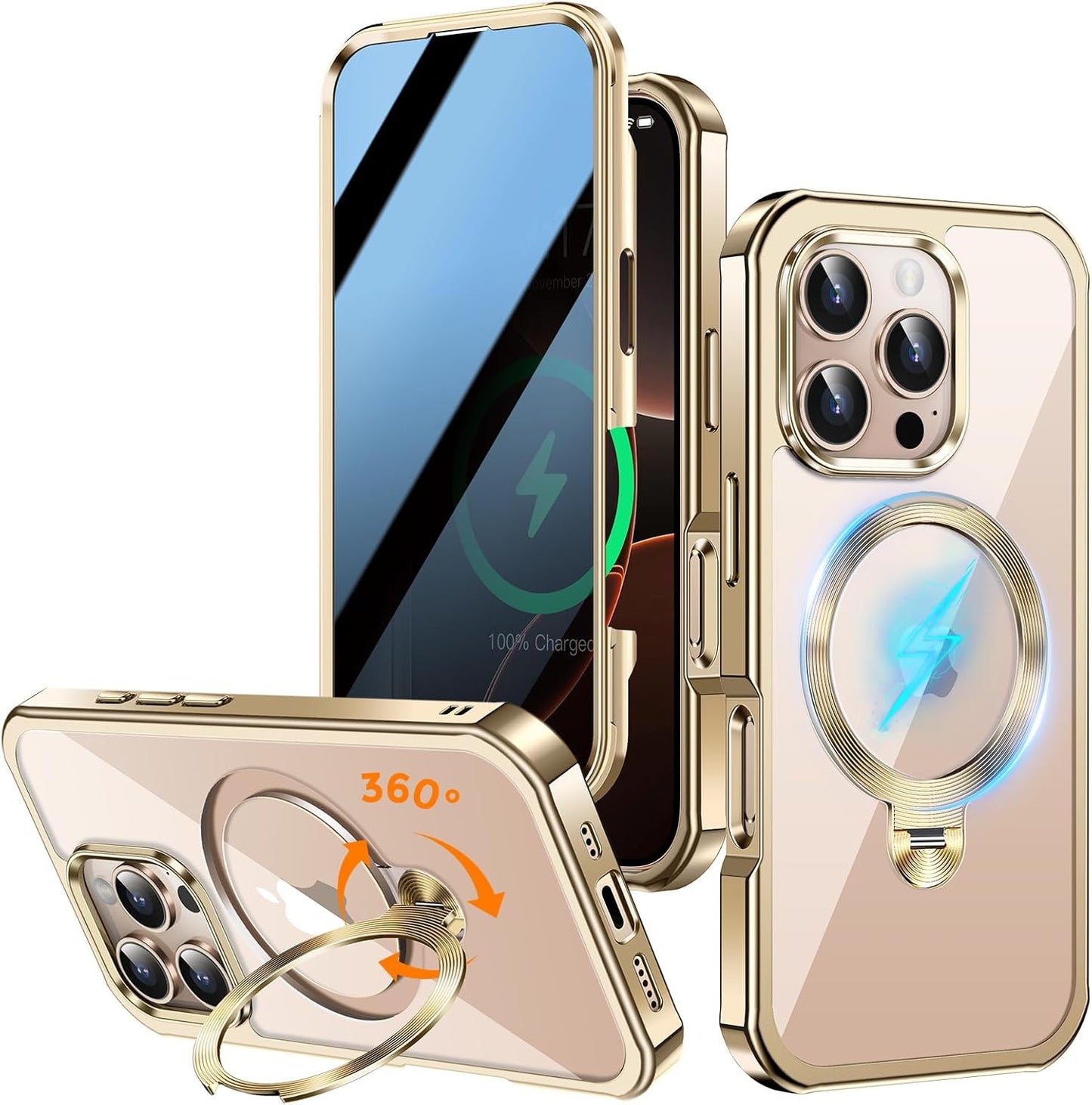 [360° Rotatable CD Stand & Built-in Privacy Screen Magnetic Case for iPhone 16 Pro [Compatible with MagSafe & Full Signal] Mil-Grade Shockproof Full Body Anti-Spy Cover for 16 Pro-Gold
