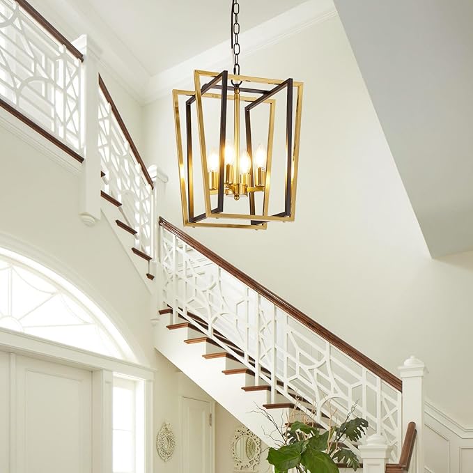WJShome Industrial 4 Lights Chandelier, Black and Gold Lantern Ceiling Light Fixtures, Adjustable Height Farmhouse Geometric Hanging Light for Kitchen Island, Dining Room, Entryway