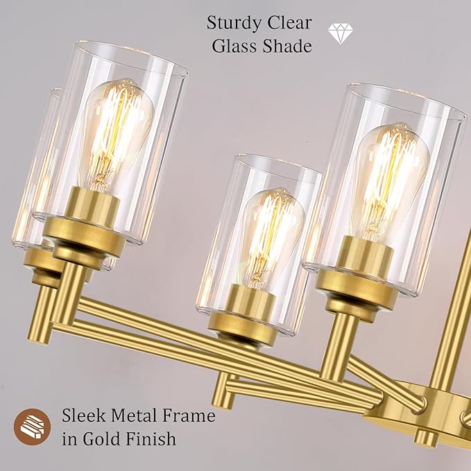 Sucolite 33.5'' 8-Light Chandelier for Dining Room Kitchen Island, Modern Farmhouse Pendant Lighting with Glass Shades Industrial Gold Hanging Ceiling Light Fixture for Living Room, Height Adjustable