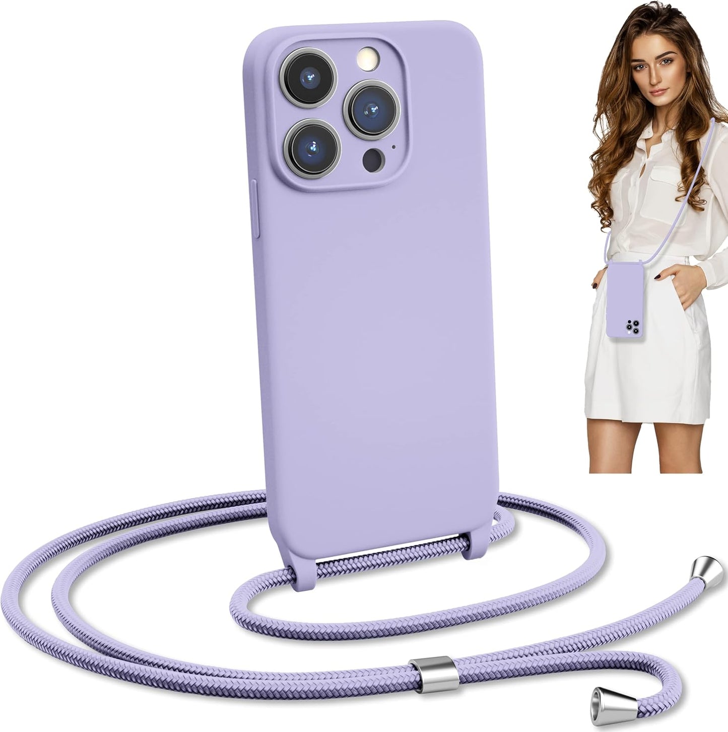 Blaspins Crossbody Lanyard Strap Case for iPhone 13 Mini, Neck Cross Body, Adjustable Holder Removable, Drop Protection Shockproof, Hands-Free Silicone Case 5.4 inch, 150 cm Strap, iP13mini - Purple