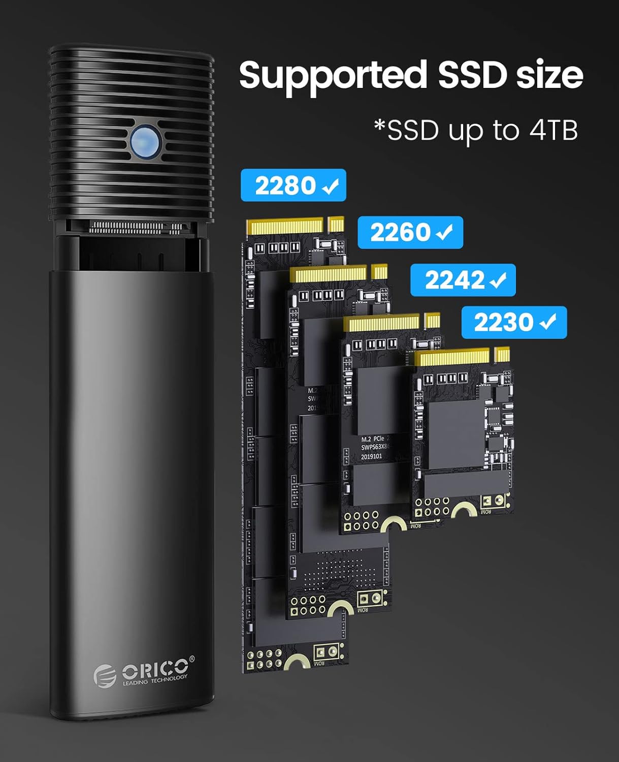 ORICO M.2 NVMe SATA SSD Enclosure Adapter Tool-Free, USB C 3.2 Gen 2 10Gbps NVMe, 5Gbps NGFF SATA PCIe M-Key(B+M Key) 2230/2242/2260/2280, Aluminum External M2 Reader Support UASP Trim- BK(G2A)