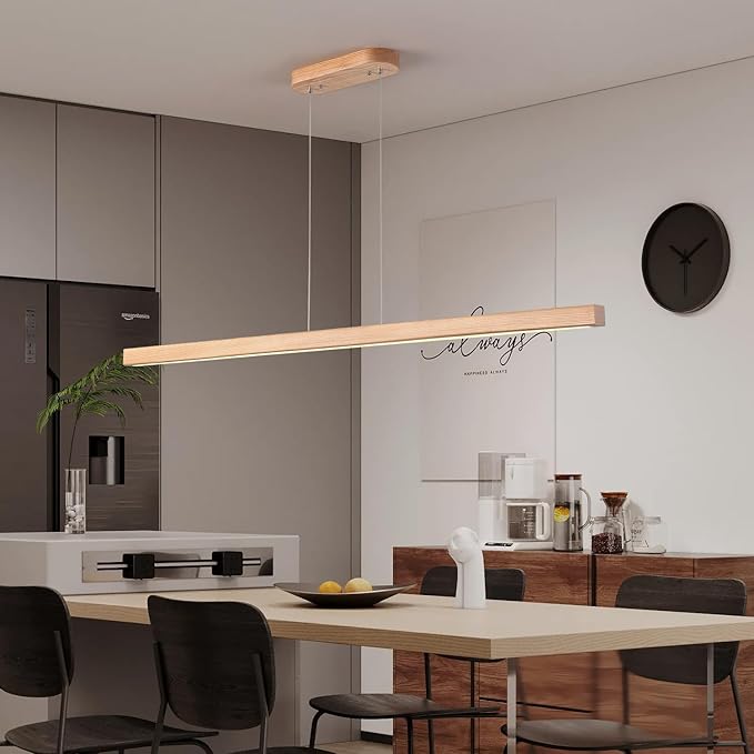 71" 40W Wood Linear Pendant Light Fixture Led Dining Room Light Dimmable Hanging Light Fixture for Kitchen Island Dining Room Pool Table Lights Natural
