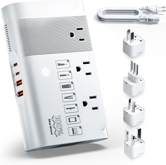DOACE 500W Universal Travel Adapter 220V to 110V Voltage Converter, Pure Sine Wave European Travel Plug Adapter Converter, Transformer for US to Most Europe，UK/AU/EU/IT with 3 US Outlets & 4 USB