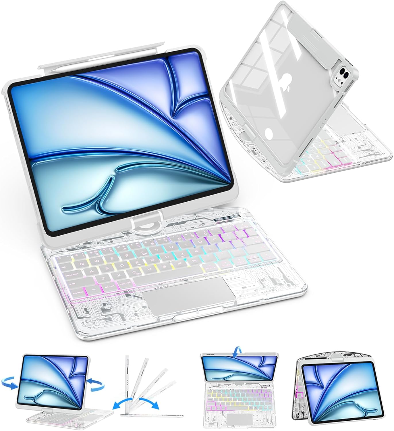 SIEBITU Clear Wireless Keyboard Case for iPad Air 11-inch (M3 2025/M2 2024) & iPad Pro 11-inch 4th 3rd 2nd 1st Gen, 7-Color Backlit with Multi-Touch Trackpad for 10.9" iPad Air 4th/5th Gen, White