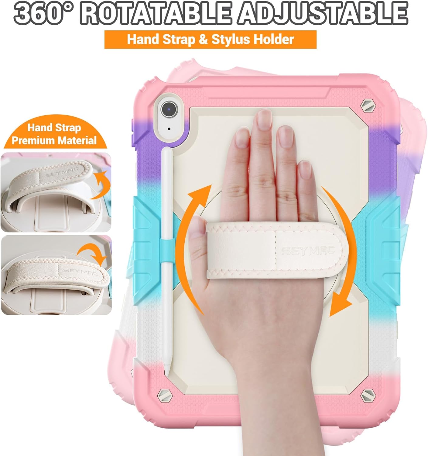 SEYMAC Case for iPad (A16) 11th/10th Generation 2025/2022 (11″/10.9″), Sturdy Heavy Duty Full-Body Shockproof Protective Case with Screen Protector, Rotating Stand, Hand/Shoulder Strap, Colorful/Pink