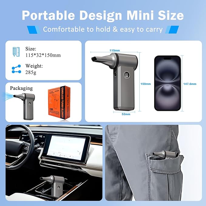 Cordless Electric Air Duster - 180K RPM Brushless Motor, 45W SuperFast Charge, 29.6Wh Rechargeable Battery, 4-Speed Adjustable Dust Blower for PC Cleaning, Electronics, Car & Woodworking, Silvergray