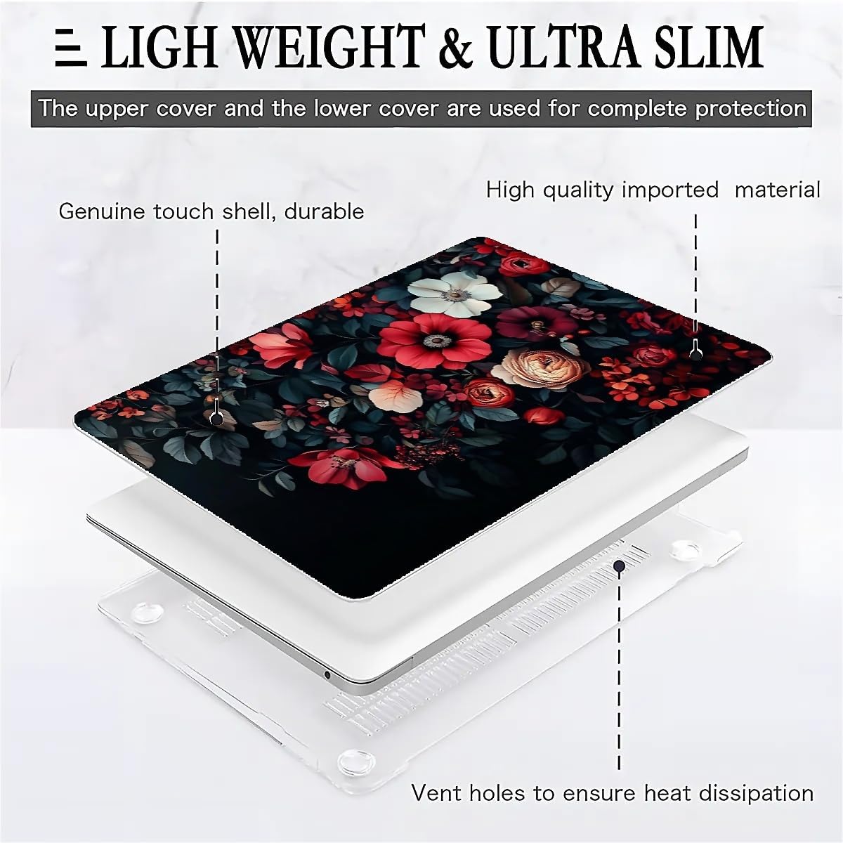 Compatible with MacBook Air 13.3 13.6 Inch Case 2022 2021 2020 2019 Plastic Hard Shell Case Cover,13.3 Pro(A1706/A1708/A1989/A2159/A2289/A2338), Dark Floral