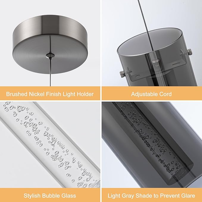 Modern Pendant Lights Kitchen Island, Anti-Glare Grey Glass Pendant Light Fixtures, Kitchen Lights for Dining Room