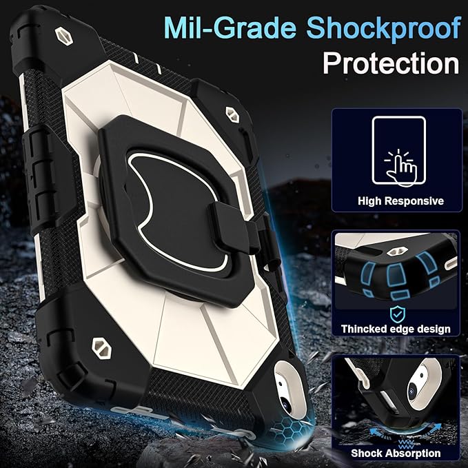 Case for iPad (A16) 11th Generation 11 Inch (2025) iPad 10th Generation 10.9 Inch (2022),Shockproof i Pad Case 11.0/10.9 Inch with 360° Rotatable Folding Handle Stand,Black Beige