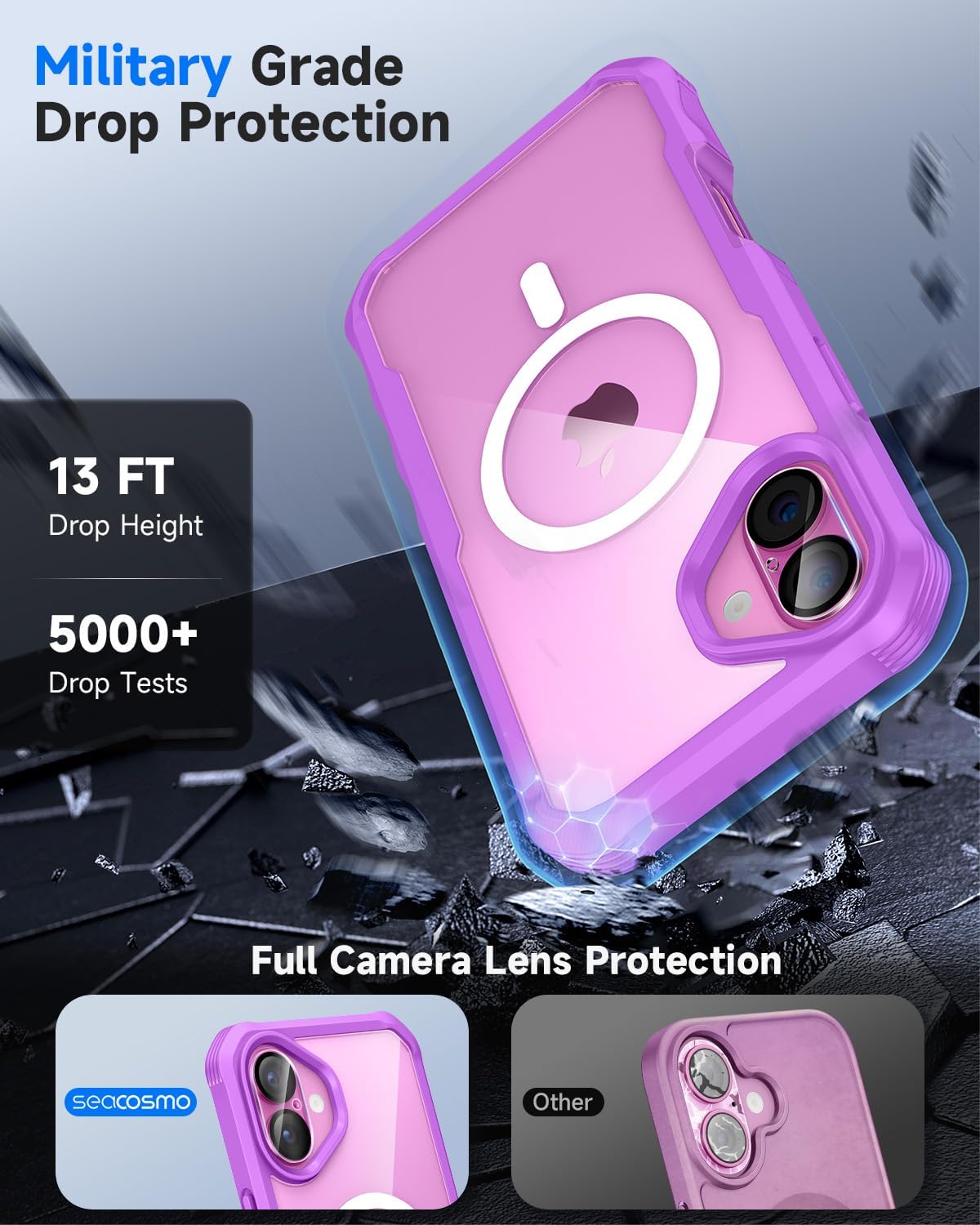 seacosmo for iPhone 16 Plus Case, Full Body Bumper with Built-in 9H Tempered Glass Privacy Screen and Camera Lens Protector, Compatible with MagSafe, Shockproof 16 Plus Phone Case, 6.7", Fuchsia Pink