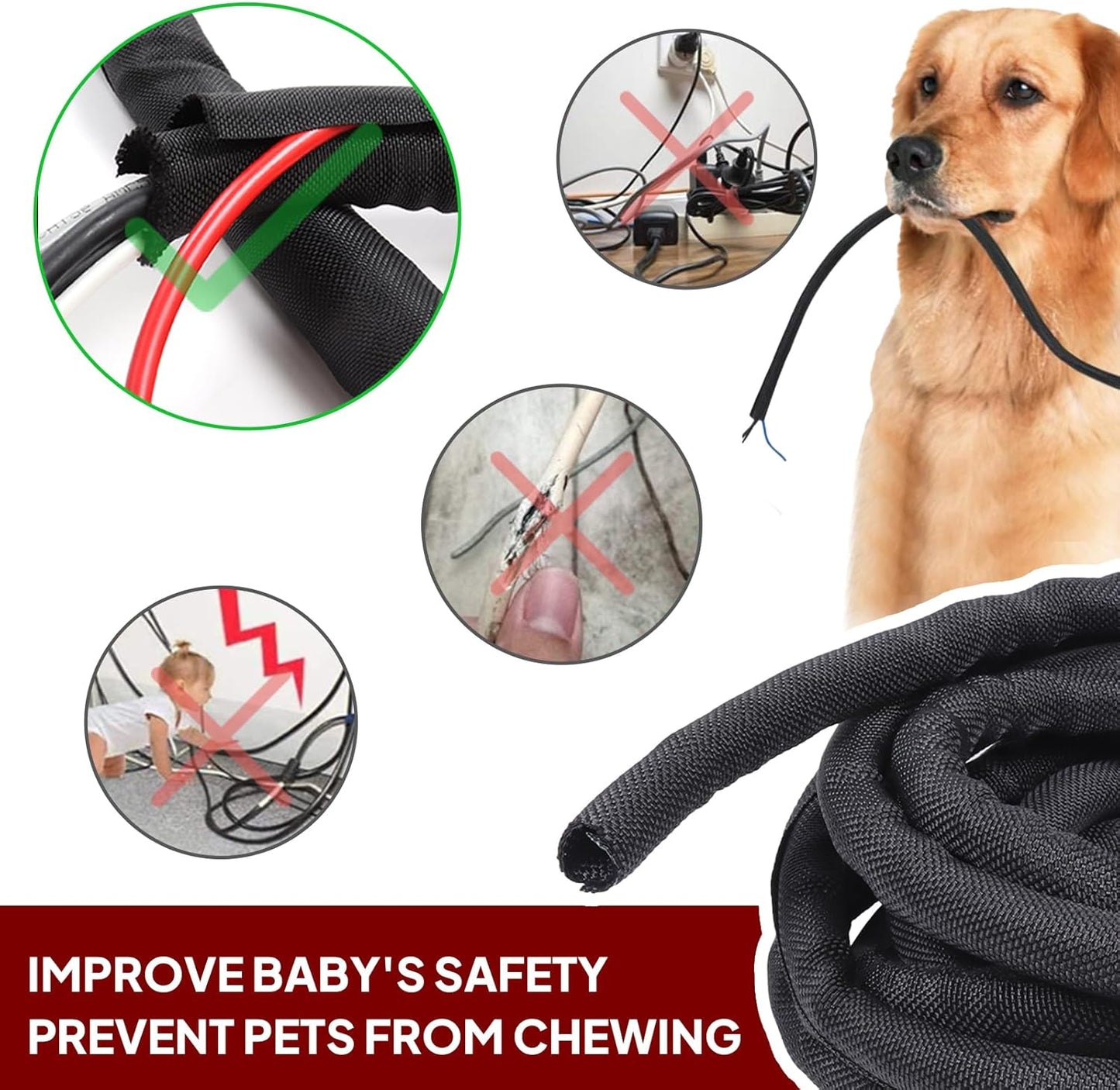 Black Braided Cable Management Sleeves Wire Loom Tubing Cord Protector Self-Wrapping (3/8"-20Feet)