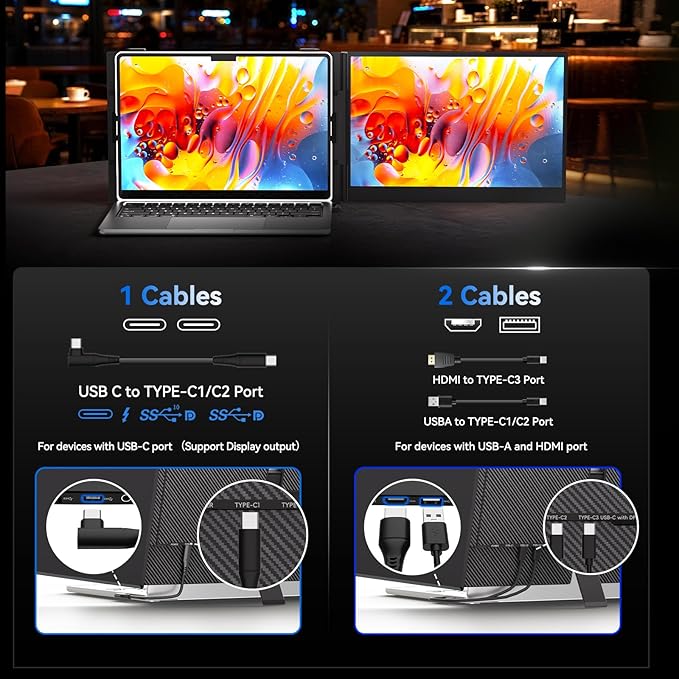 Laptop Screen Extender, 1.3lb Ultra Lightweight 14" 1080P FHD Portable Monitor for Laptop, Plug & Play Dual Travel Screen Monitor, Laptops Dual Monitors Attachment, Fits Windows/Mac/Android/Chrome