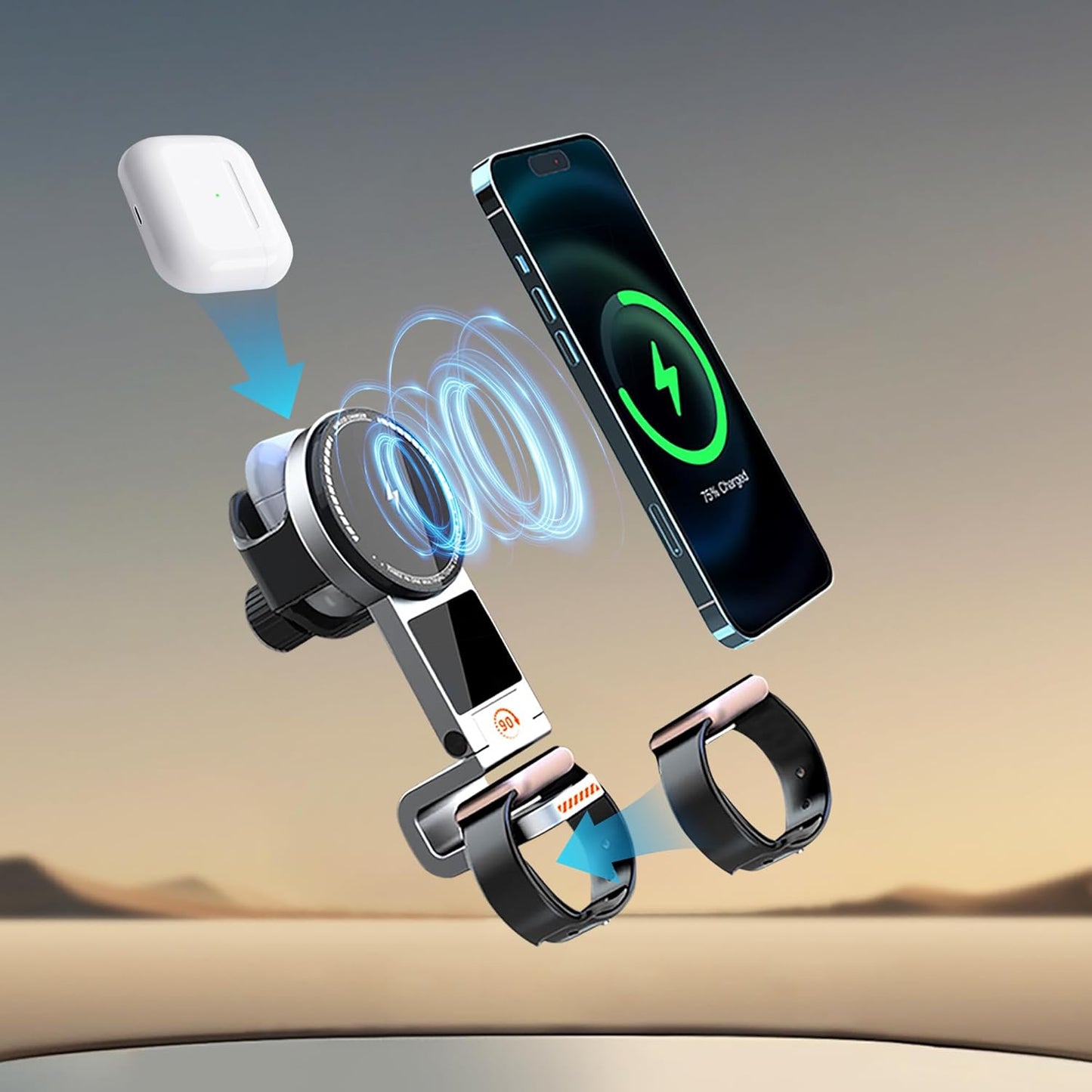 3 in 1 Wireless Car Charger, 15W Fast Charging Phone Holder Foldable Magnetic Mount Fit for All iPhone Android Phone, iWatch, Airpods Wireless Earphone