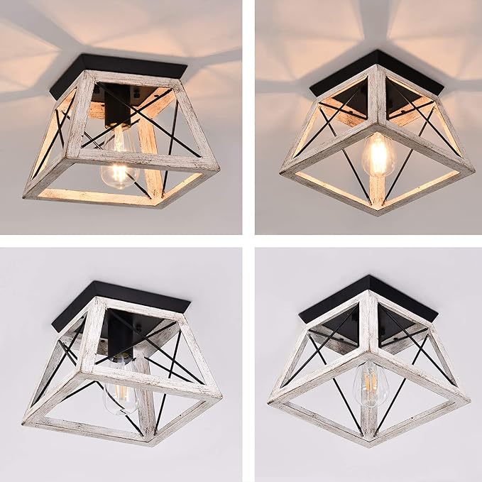 Luupyia Farmhouse Ceiling Light Fixture Semi Flush Mount, One-Light Square Farmhouse Chandelier Lighting, Rustic Island Overhead Fixtures for Dining Room Entryway Living Room Beige
