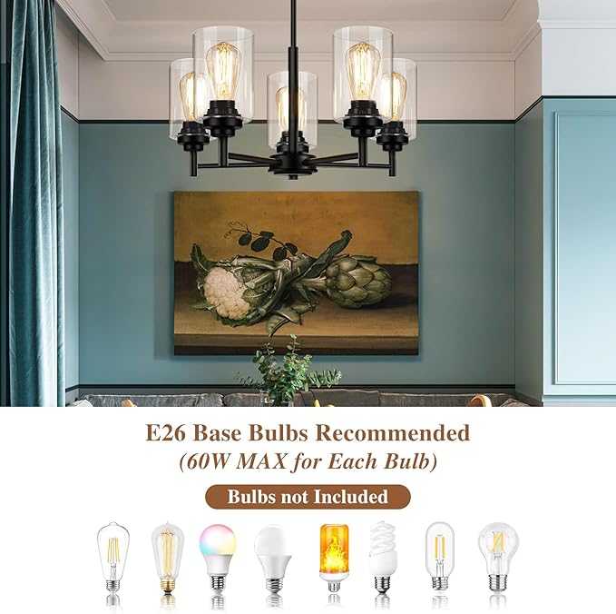 Sucolite 19.8'' 5-Light Chandelier for Dining Room Kitchen Island, Modern Farmhouse Pendant Lighting with Glass Shades Industrial Black Hanging Ceiling Light Fixture for Living Room, Height Adjustable
