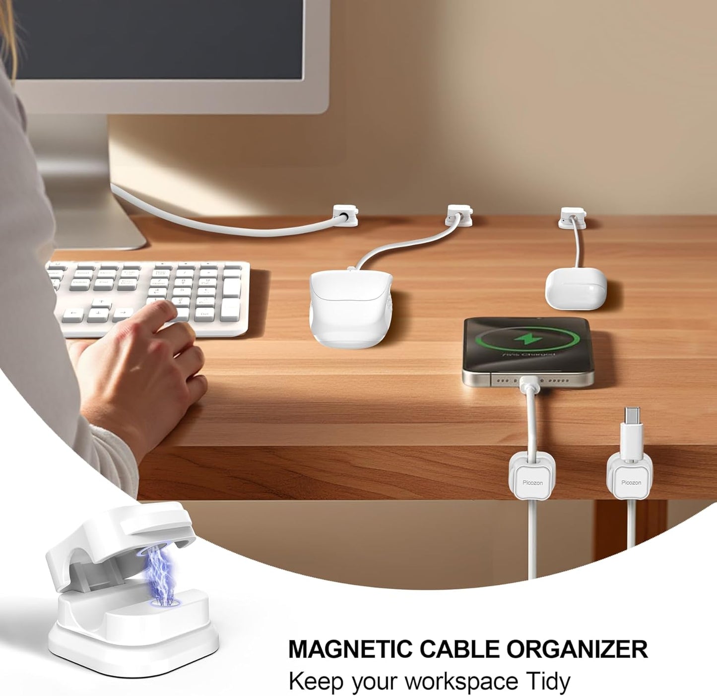 8 Pack Magnetic Cable Clip Organizer Cord Holder, Picozon Adhesive Cable Management, Wire Phone USB Charger Cable Holder, Keeper Organizer for Office Home Desktop Table - White