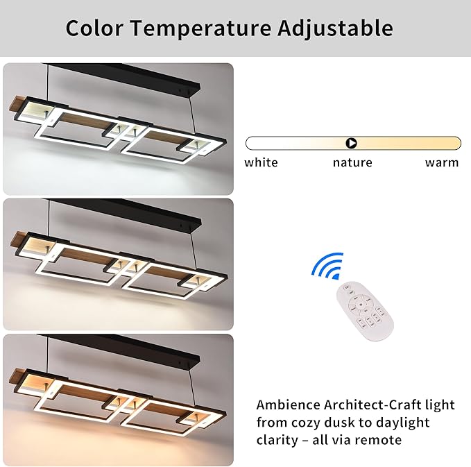 Vintage Wood LED Kitchen Island Light, 65W Stepless CCT Adjustable & Dimmable 47'' 2-Layer Wood Pendant Light Fixture with Remote, Ceiling Mounted Hanging Lamp for Dining Room, Bedroom，Black