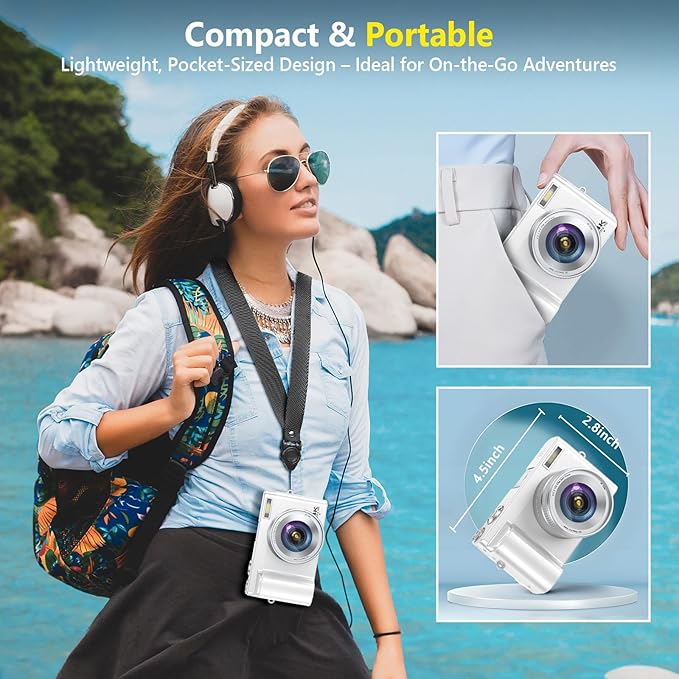 4K Digital Camera for Photography Autofocus, 64MP WiFi Vlogging Camera for YouTube with 2 Batteries, SD Card, 3" 180°Flip Screen Selfie Compact Travel Camera for Teens with 16X Zoom, Anti-Shake, White