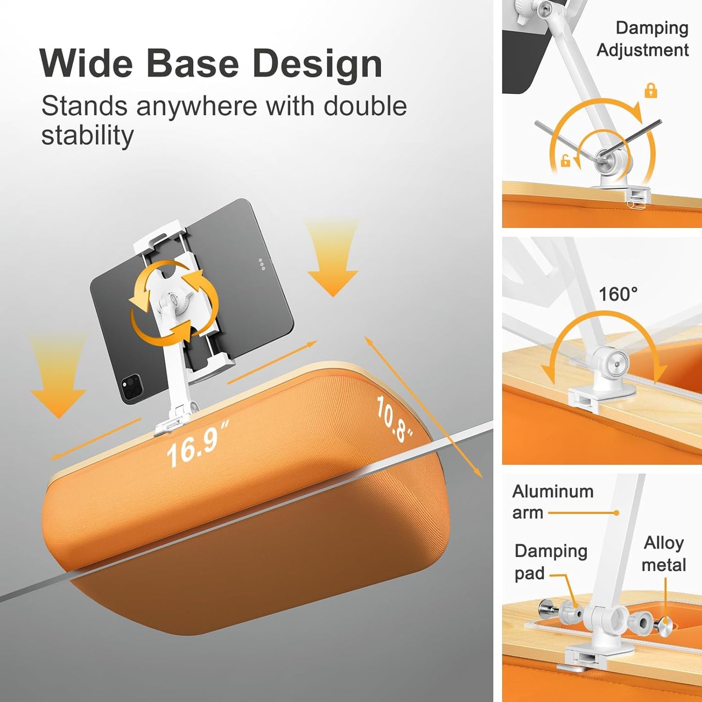 Lap Beanbag Tablet Pillow Stand with Snack Bowl and 360° Rotating Arm, Adjustable iPad Holder for Bed, Couch, and Recliner, Compatible with 4.7"-13" Kindle, iPad, Tablet, Phone,Orange