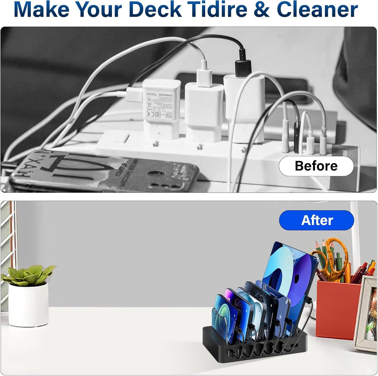 Charging Station for Multiple Devices: 68W 6 Port 20W Fast Phone Charger Dock with 6 Cables, Compatible with Apple Cellphone iPad iPhone Tablet and Other Electronic (Black)