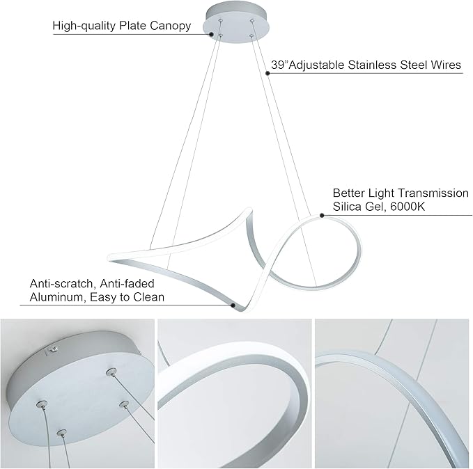 Contemporary Chandelie, LED Pendant Light with Irregular Rings, Not Dimmable 6000K Cool Light, Adjustable Pendant Light for Living Room, Dinning Room, Bed Room, Kitchen, Restaura