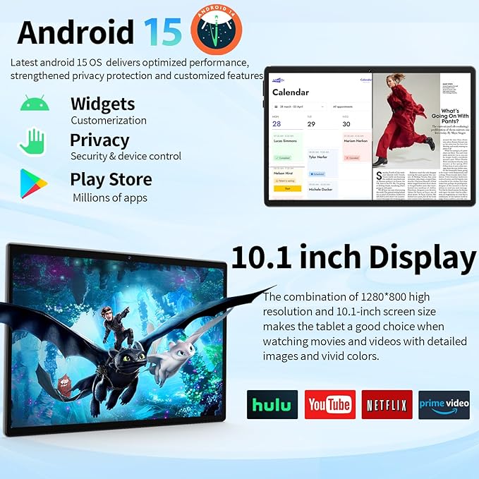 YOBANSE 2025 Tablet with Keyboard, 24GB RAM, 128GB ROM(2TB Expand), 10.1 inch Android 15 Tablet, 8000mAh Battery, BT 5.0, GMS Certified, 5G/2.4G WiFi, Tablets with Mouse, Case, Stylus-Silver Case