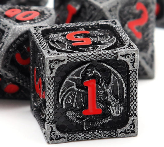 Haxtec Metal DND Dice Set Black Red Dragon D&D Dice Set with Leather Dice Bag Metal Polyhedral Dice Compatible with Dungeons and Dragons Gifts TTRPG Dice
