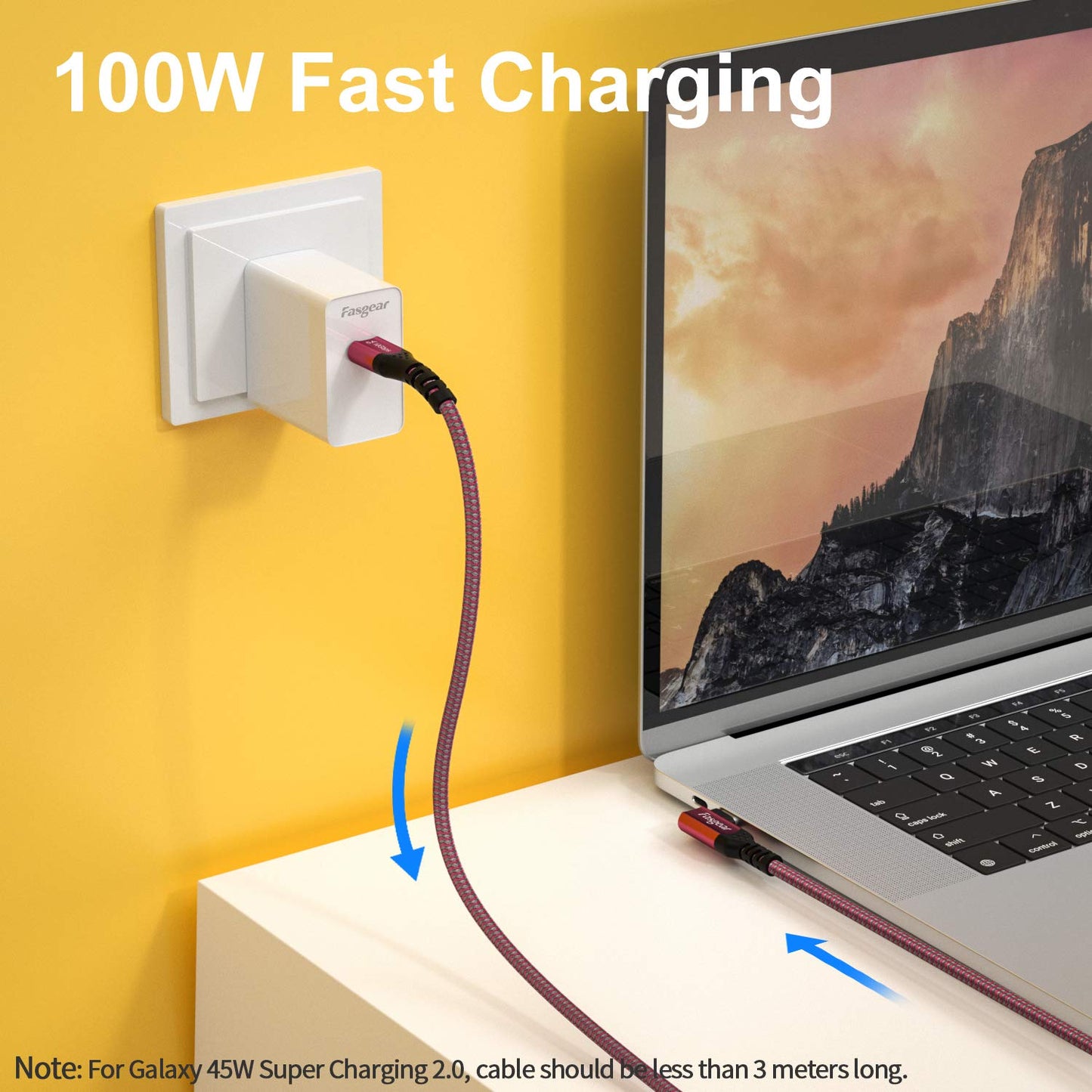 Fasgear USB C to USB C 3.1 Gen 2 Cable 10ft, 10Gbps 100W(20V/5A) Power Delivery with E-Marker Chip 10Gbps Data Sync 4K@60Hz Video Output Compatible for Type-C Devices,Quest Link,MacBook, 3m Red