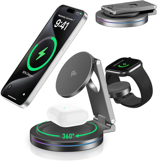 2025 Upgraded Qi2 Foldable 360º Rotatable Zinc Alloy 3 in 1 Magnetic Wireless Charging Station,3-in-1 Qi2 Charger for Apple iPhone 12~16,iWatch,AirPods(30W Adapter & Case Included)(Grey)