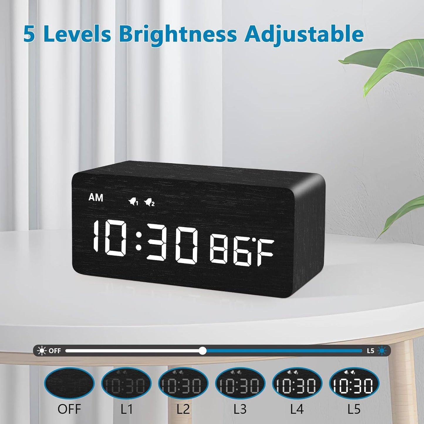 MOSITO Digital Wooden Alarm Clock with Wireless Charging, 0-100% Dimmer, Dual Alarm, Weekday/Weekend Mode, Snooze, Wood LED Clocks for Bedroom, Bedside, Desk, Kids (Black)