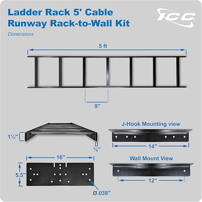 ICC Cable Runway Rack 5' Rack-to-Wall Mount Kit, 16-Gauge Steel, Made in USA