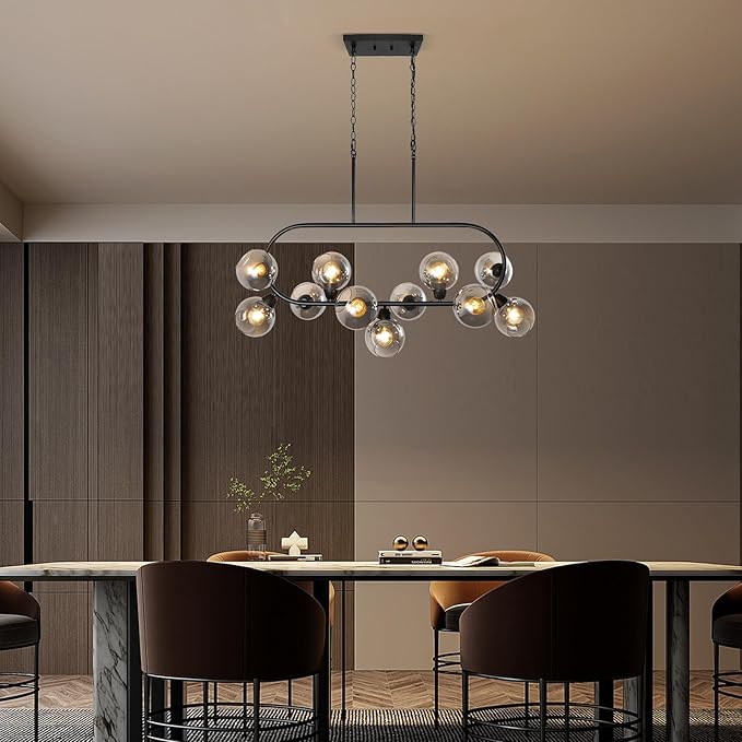 Black Chandelier for Dining Room Linear Island Lights for Kitchen 45'' Modern Large 11-Light Rectangular Chandeliers Over Island Farmhouse Glass Dining Room Pendant Light with Grey Glass Globe Shade