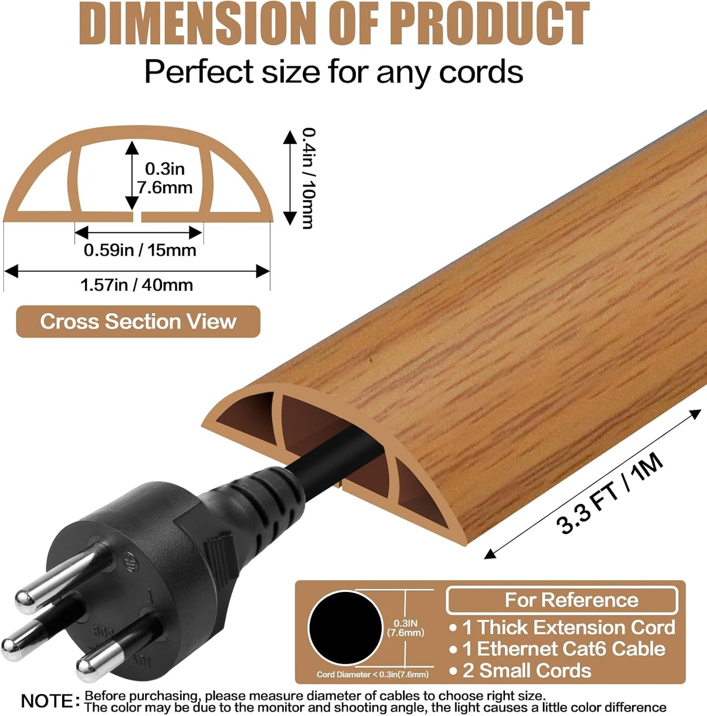 Floor Cord Cover Self Adhesive Cord Hider,3.3FT Cable Management, Extension Strip Protector for Wires, Prevent Cable Trips for Offices, Gyms, Exhibitions Cavity:0.51"(W) x 0.3"(H) Brown Wood