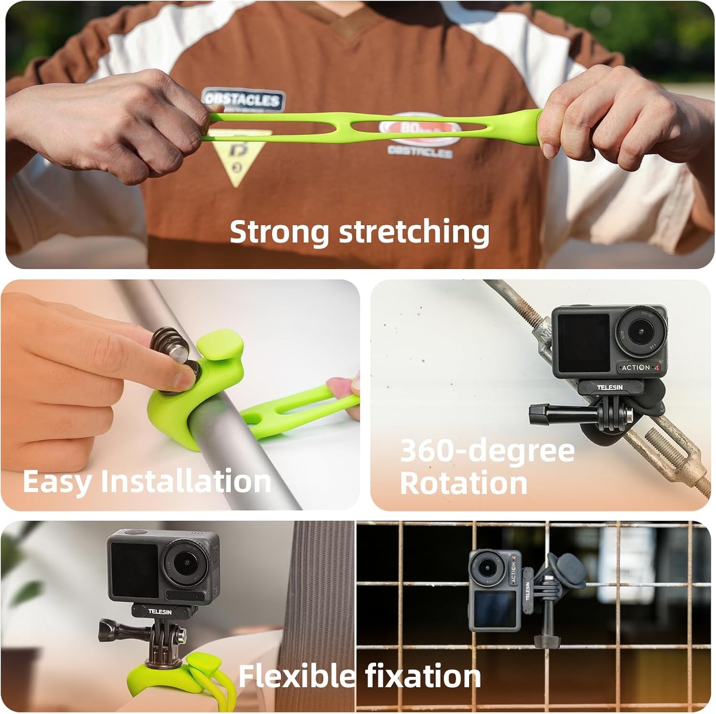 TELESIN Camera 360 Strap Mount Flexible Wrap Band Bike Motorcycle Handlebar Tube Roll Bar Stick Pole Ski Holder Accessories for GoPro Hero 13 12 11 10 Insta360 X5 DJI Osmo Nano Action 5 Pocket 3 AKASO