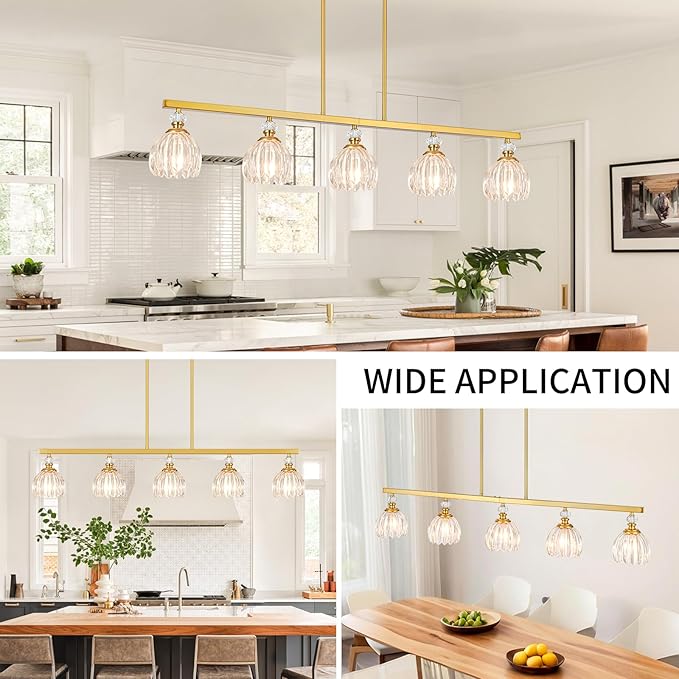 Gold Island Light for Kitchen, 5-Light Linear Chandelier for Kitchen Island with Tulip Glass Shades, Brushed Gold Finish Hanging Light Pendant Fixture Over Dining Table