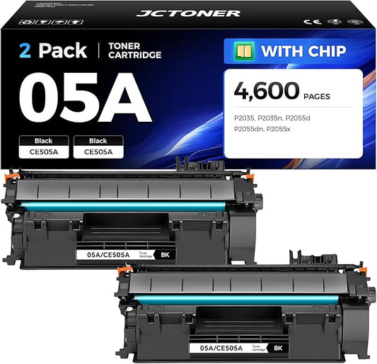 05A Black Toner Cartridge 2-Pack with chip High Yield Replacement for HP 05A CE505A 05X CE505X Toner Compatible Works with HP LaserJet P2035 P2035n P2055 P2055d P2055dn P2055x Printer Series Ink Copy