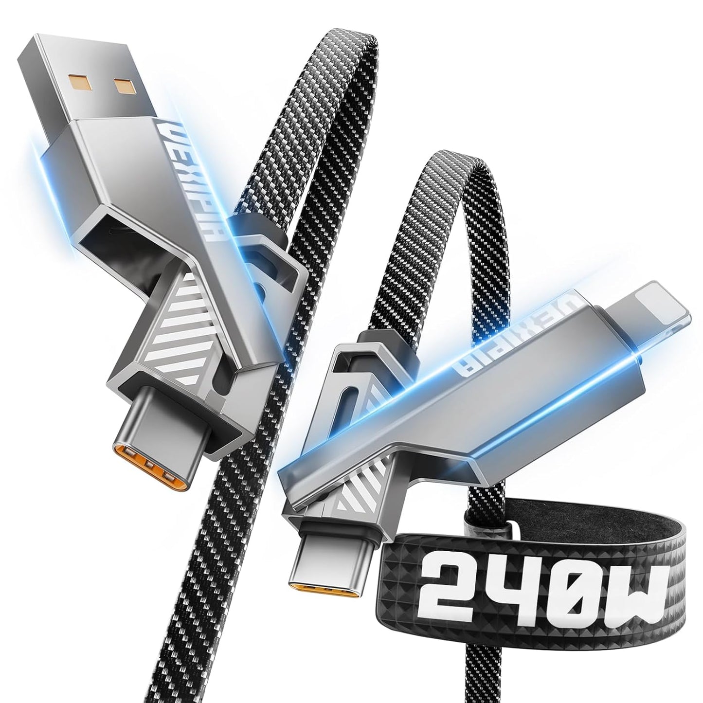 [Upgraded] 4-in-1 USB C Cable 240W 5FT Compatible with Lightning Cable [Fast Charging & Data Transfer] Flat Nylon Braided for iPhone iPad Charger Cord, Multi Charge Wire Combo with L/Type C/USB A Port