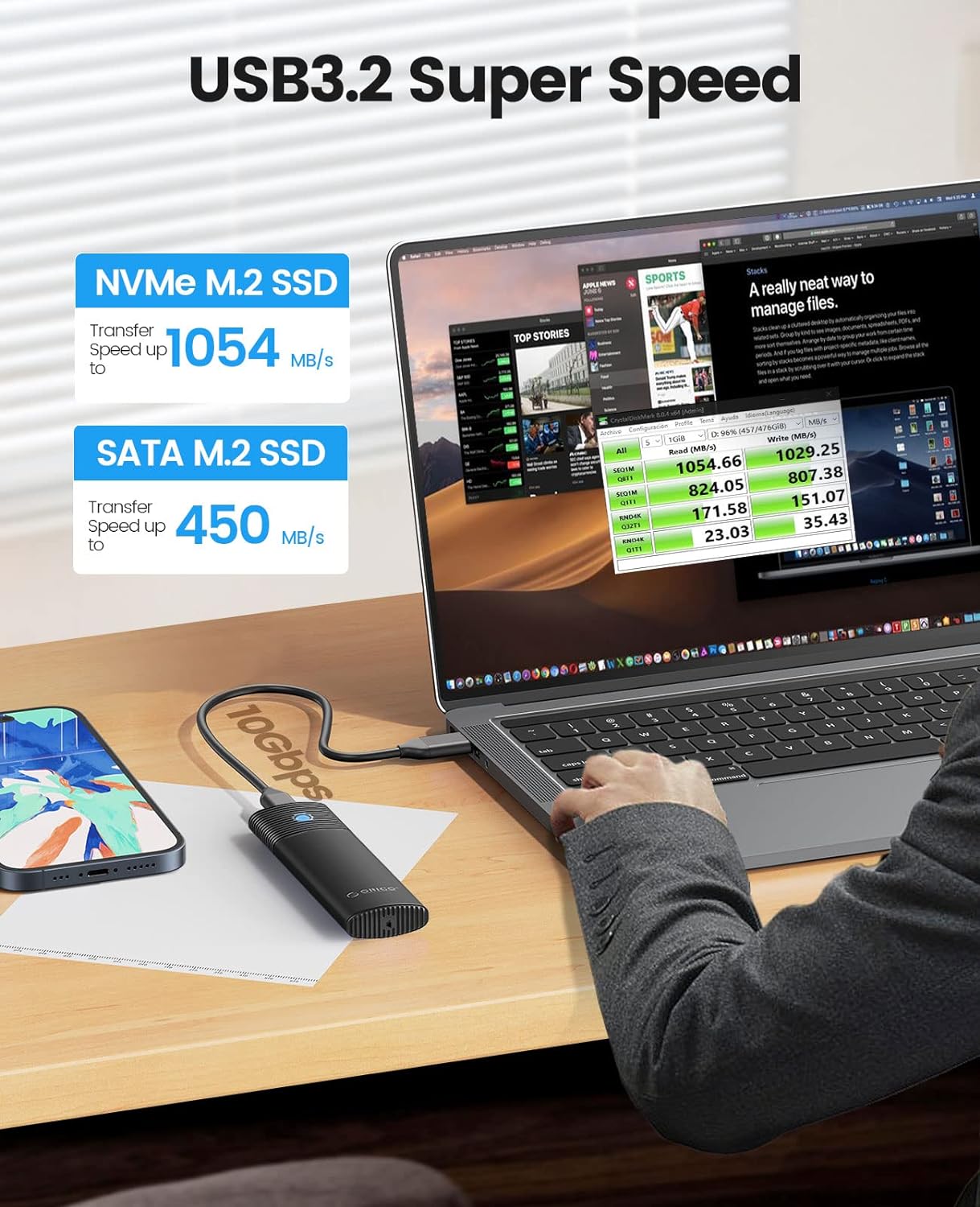 ORICO M.2 NVMe SATA SSD Enclosure Adapter Tool-Free, USB C 3.2 Gen 2 10Gbps NVMe, 5Gbps NGFF SATA PCIe M-Key(B+M Key) 2230/2242/2260/2280, Aluminum External M2 Reader Support UASP Trim- BK(G2A)