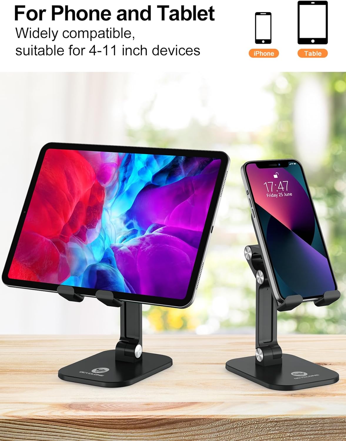 OCYCLONE Cell Phone Stand + 2 PCS Cable Organizer, Angle Height Adjustable iPhone Stand for Desk, Foldable Cell Phone Holder Tablet Stand Compatible with 4.7"-13" Phone Tablet