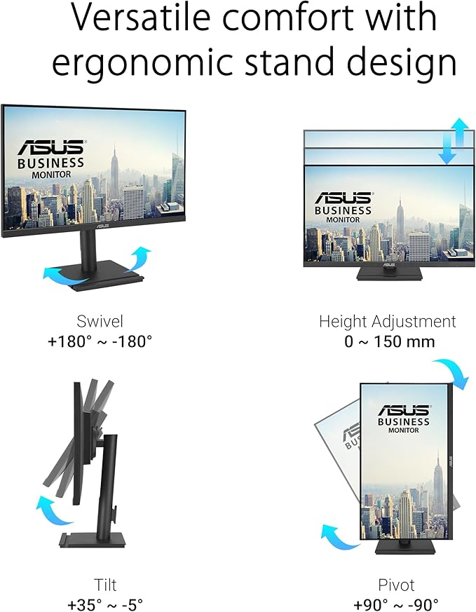 ASUS 27” 1080P Business Monitor (VA27DQFS) - IPS, 100Hz, 1ms, Adaptive-Sync, HDMI, DisplayPort, VGA, for Working and Gaming, Ergo Design, Blue Light Filter, Flicker Free, 3 yr Warranty TAA Compliant