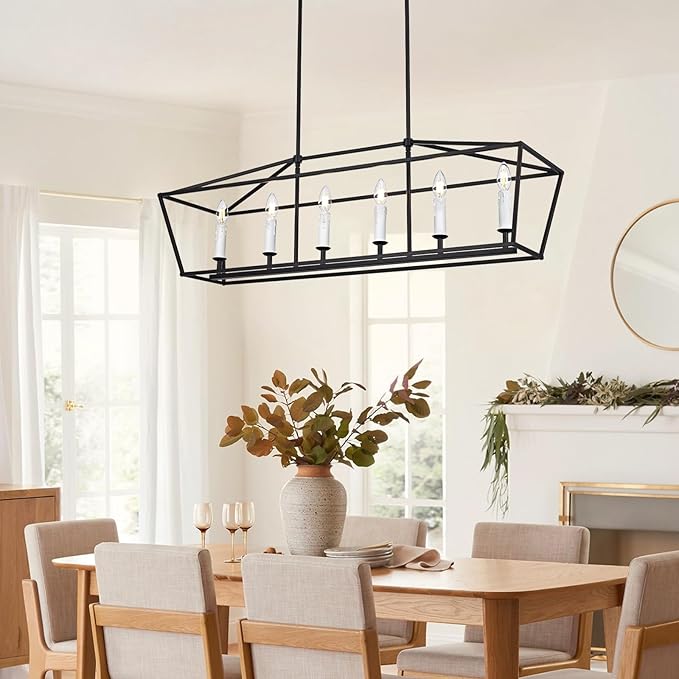 6-Light Black Island Lighting, Industrial Pendant Light Fixtures Candle-Style for Kitchen Dining Room Living Room, E12 Bulb Base