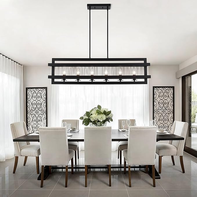 Black Chandeliers Rectangle Pendant Lights Kitchen Island Farmhouse Dining Room Light Fixtures 6-Lights Modern Chandelier for Living Room Kitchen