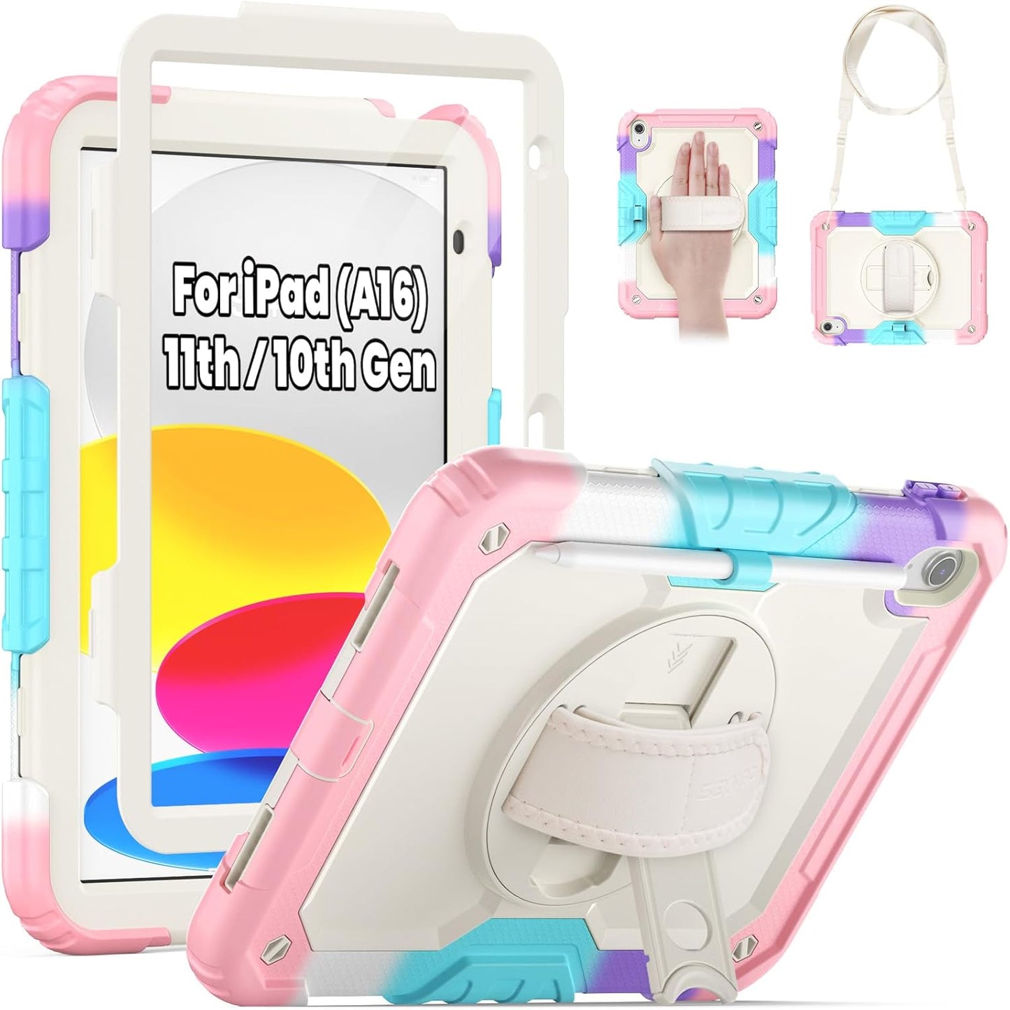 SEYMAC Case for iPad (A16) 11th/10th Generation 2025/2022 (11″/10.9″), Sturdy Heavy Duty Full-Body Shockproof Protective Case with Screen Protector, Rotating Stand, Hand/Shoulder Strap, Colorful/Pink