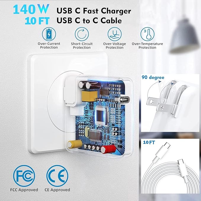 Macbook Pro Charger 140w USB C Fast Charger Power Adapter with 10Ft Fast Charger Cable, Compatible MacBook Pro/Mac Book Pro 16 15 14 13 inch, Macbook Air 13 Inch,iPad Pro M1/M2/M3,and All USB C Device